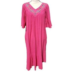 Vtg Bechamel Pink Embr Floral House Coat Nightgown Mumu 100% Cotton W/Pkts Sz Sm